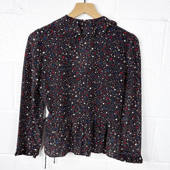 Madewell‎ Silk Wrap Blouse Womens Small Black Star Print Ruffle - Picture 2 of 10